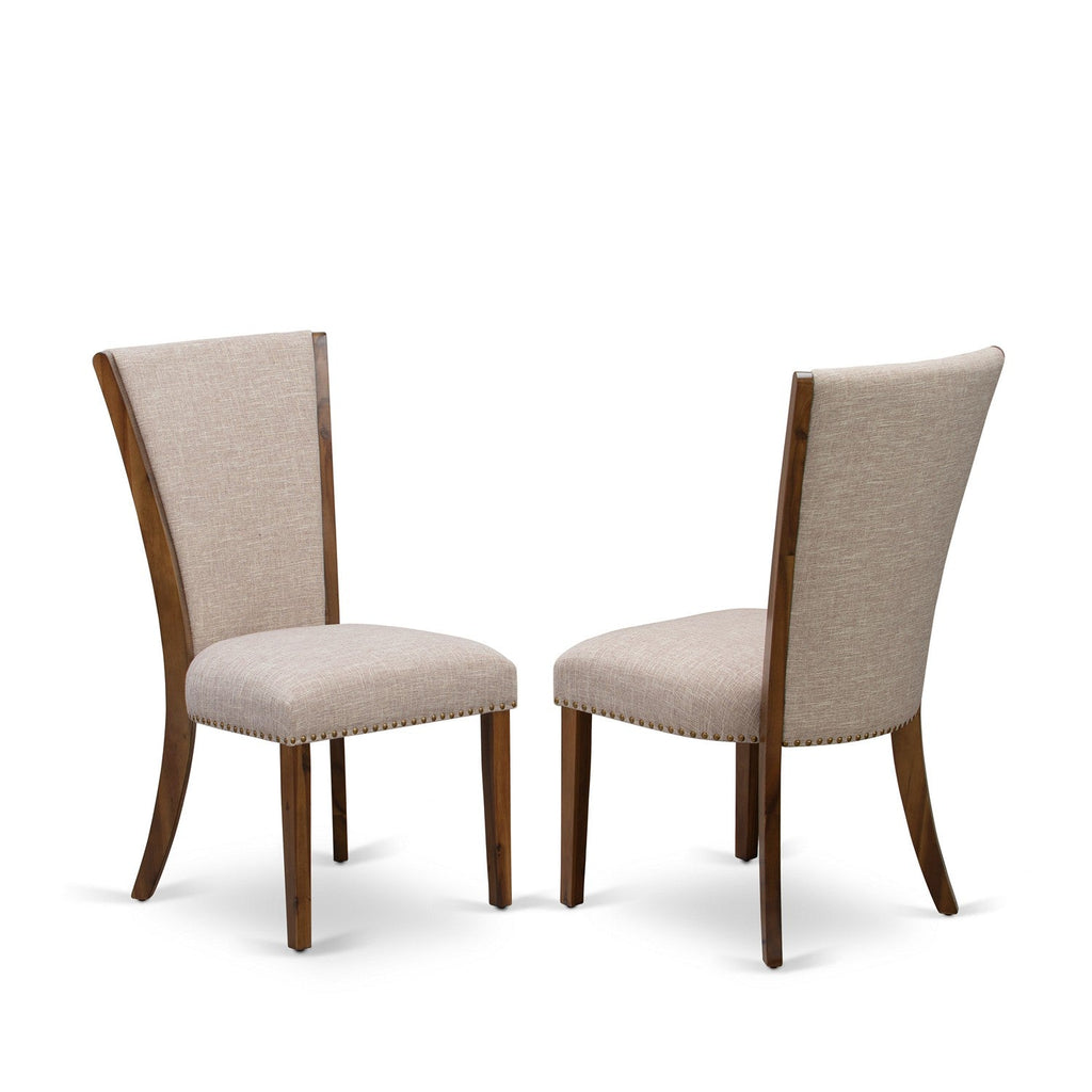 El juego de muebles de comedor de 5 piezas East West Furniture LMVE5-N8-04 incluye una mesa de comedor rectangular de madera rústica y 4 sillas Parsons de tela de lino color tostado claro.