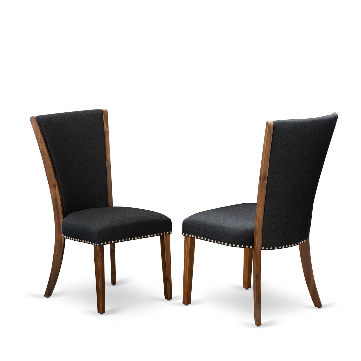 Sillas de comedor Parson Verona VEP8T24 de East West Furniture, tapizadas en tela de lino negra con ribete de tachuelas.