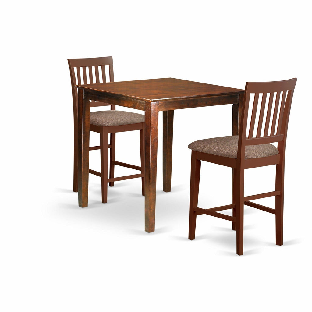East West Furniture VERN3-MAH-C 3 Piece Counter Height Pub Set for Small Spaces Contains a Square Dining Room Table and 2 Linen Fabric Upholstered Chairs