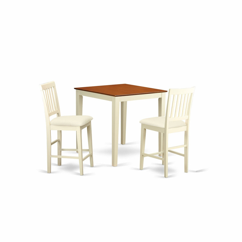 East West Furniture VERN3-WHI-C 3 Piece Counter Height Dining Set for Small Spaces Contains a Square Wooden Table and 2 Linen Fabric Upholstered Chairs