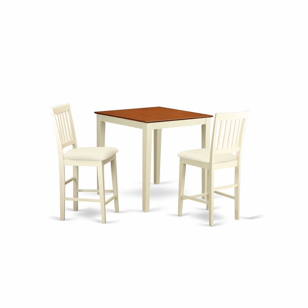 East West Furniture VERN3-WHI-C 3 Piece Counter Height Dining Set for Small Spaces Contains a Square Wooden Table and 2 Linen Fabric Upholstered Chairs, 36x36 Inch, Buttermilk & Cherry