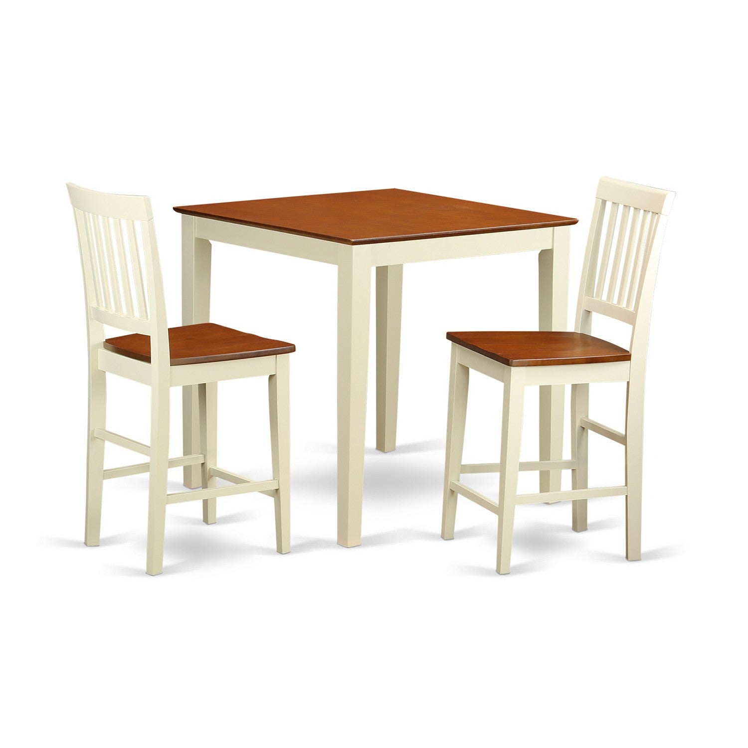 East West Furniture VERN3-WHI-W Juego de pub de 3 piezas con altura de mostrador para espacios pequeños. Contiene una mesa de comedor cuadrada y 2 sillas de comedor.