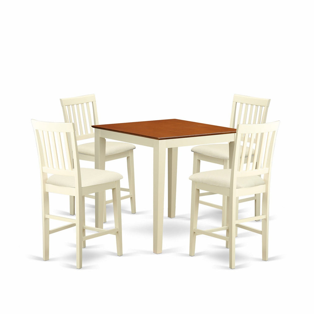 East West Furniture VERN5-WHI-C 5 Piece Counter Height Dining Set Includes a Square Dinette Table and 4 Linen Fabric Kitchen Dining Chairs, 36x36 Inch, Buttermilk & Cherry