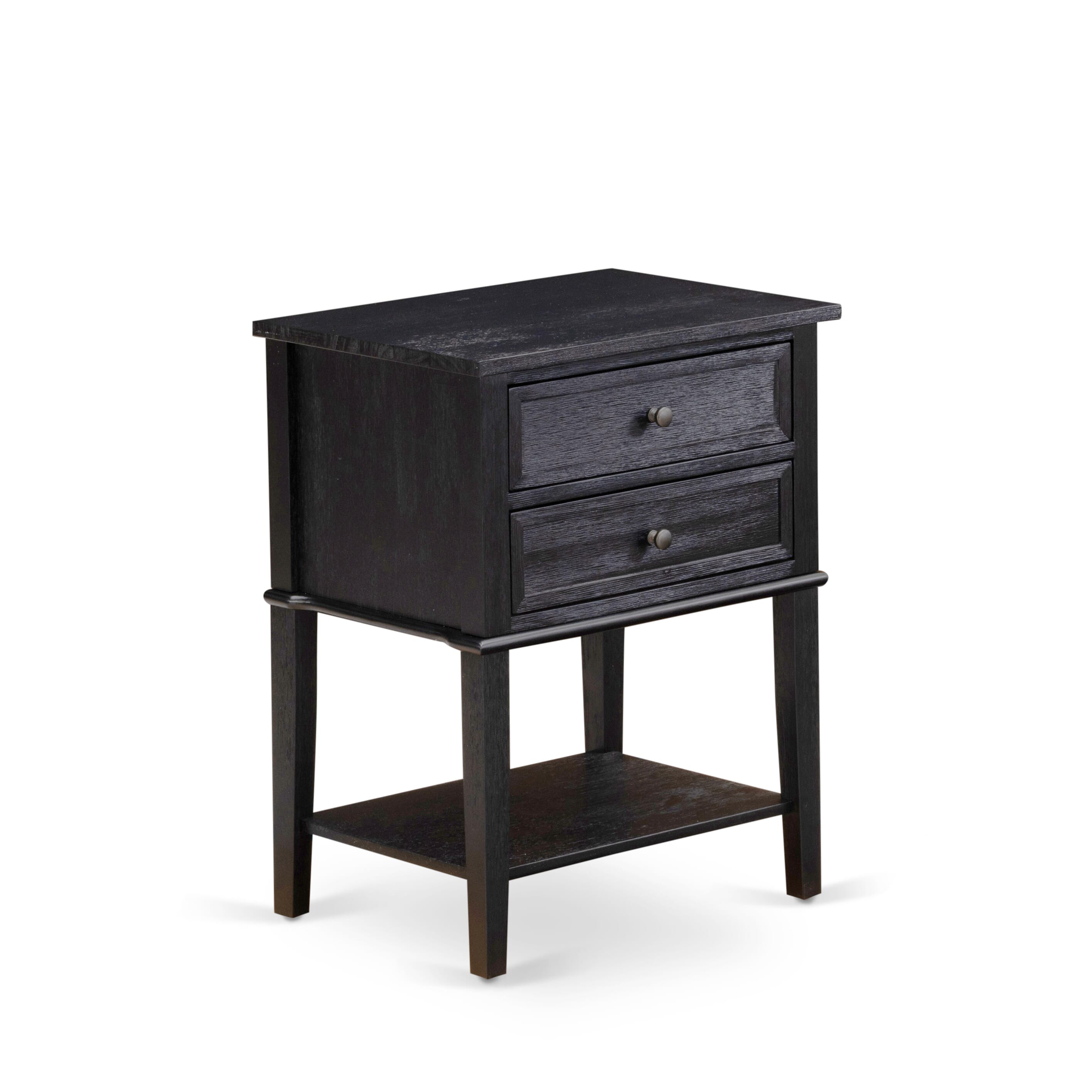 Juego de cama tamaño queen de 3 piezas East West Furniture KD18Q-2VL06: 1 cama tamaño queen con plataforma, cabecero acolchado con botones y tela de lino marrón, 2 mesitas de noche pequeñas con cajones de madera y patas con acabado negro.