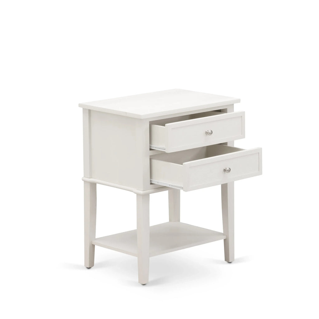 Juego de dormitorio King de 2 piezas NL19K-1VL0C: estructura de cama con botones capitoné, cabecera tapizada en terciopelo blanco y mesita de noche con acabado en crema mantequilla cepillado con alambre.