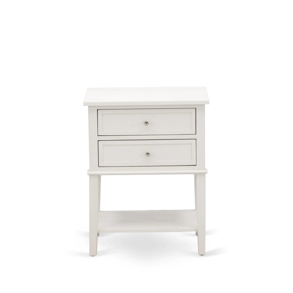 Juego de dormitorio King de 2 piezas NL19K-1VL0C: estructura de cama con botones capitoné, cabecera tapizada en terciopelo blanco y mesita de noche con acabado en crema mantequilla cepillado con alambre.
