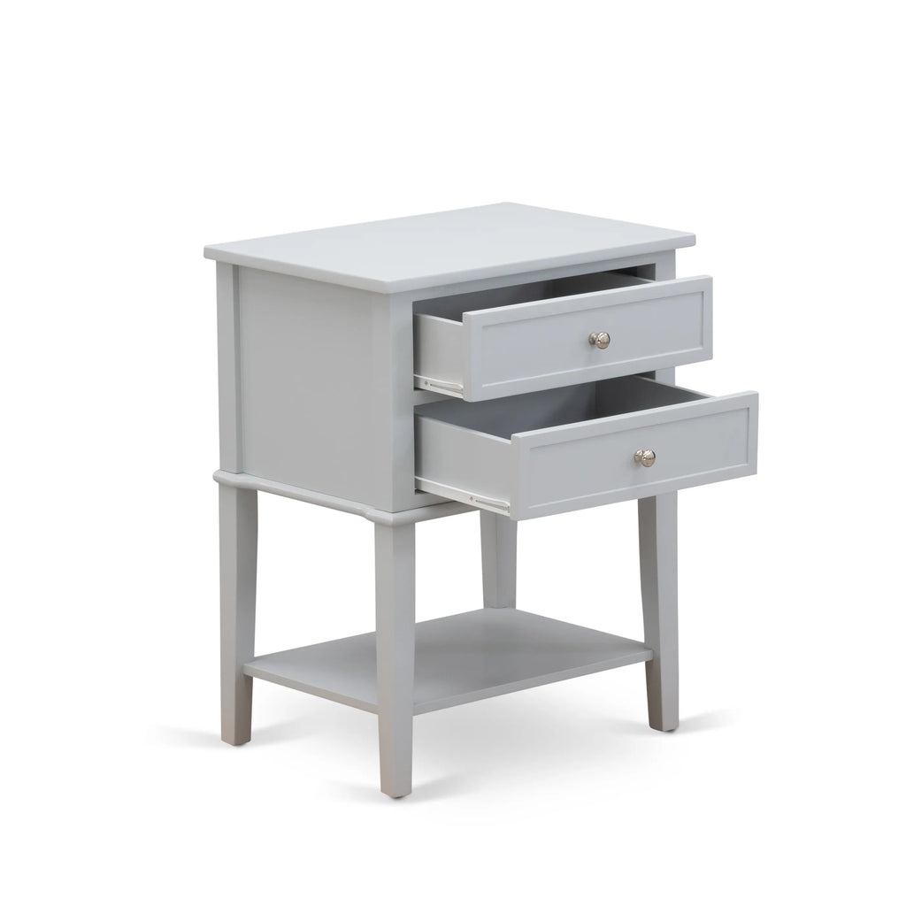 Juego de cama de 2 piezas East West Furniture NL19F-1VL14: cama matrimonial con botones capitoné, cabecera tapizada en terciopelo blanco y mesita de noche con acabado gris urbano.