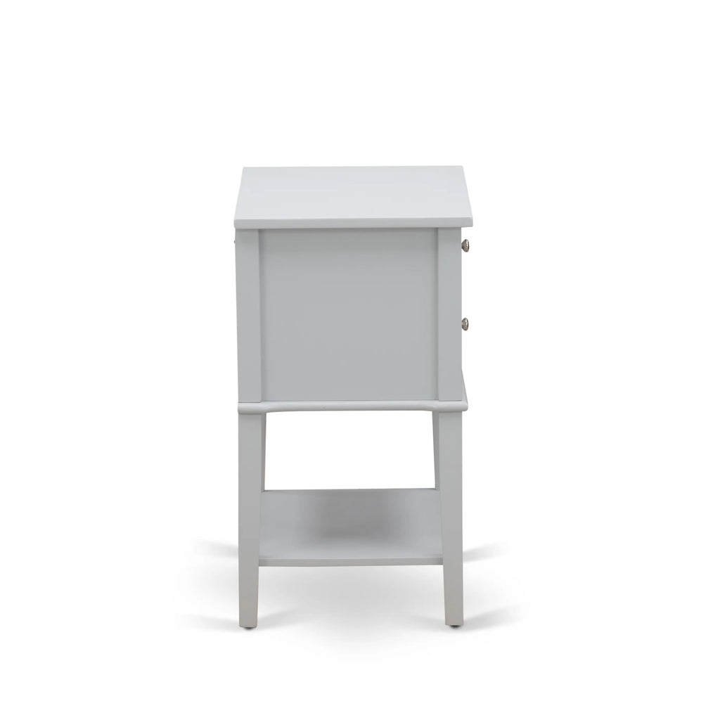 Juego de cama de 2 piezas East West Furniture NL19F-1VL14: cama matrimonial con botones capitoné, cabecera tapizada en terciopelo blanco y mesita de noche con acabado gris urbano.