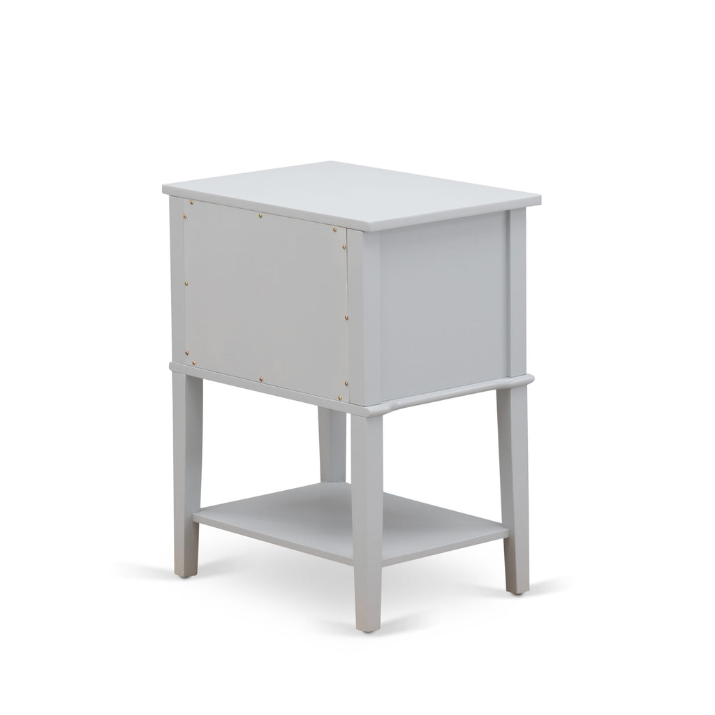 Juego de dormitorio tamaño king de 3 piezas NL19K-2VL14: cama de madera con botones, cabecera tapizada en tela de terciopelo blanco y mesita de noche con acabado gris urbano.
