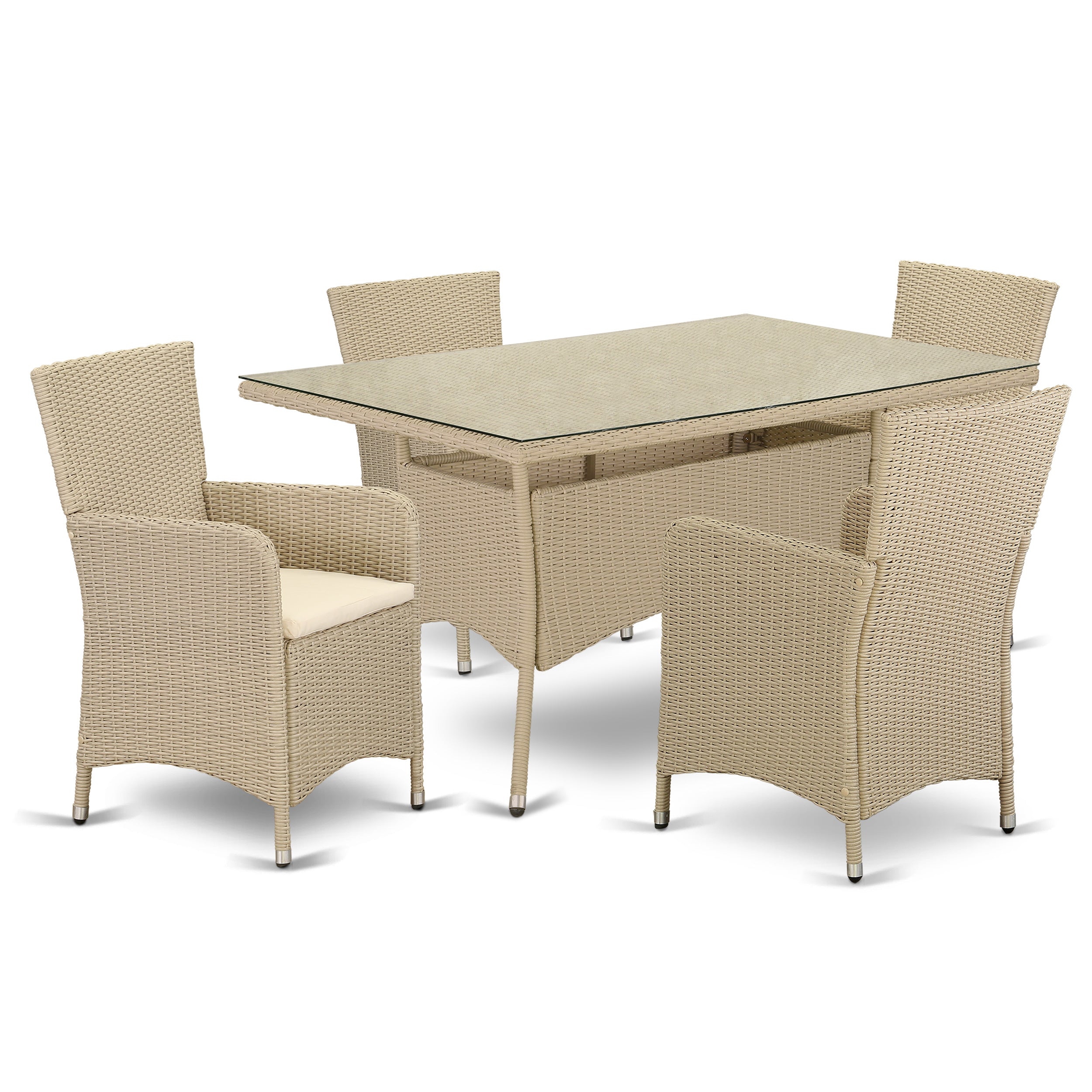 East West Furniture VLLU5-53V Juego de muebles de patio de mimbre para exterior de 5 piezas Incluye una mesa de comedor de bistró rectangular con tapa de vidrio y 4 sillones de balcón con cojín