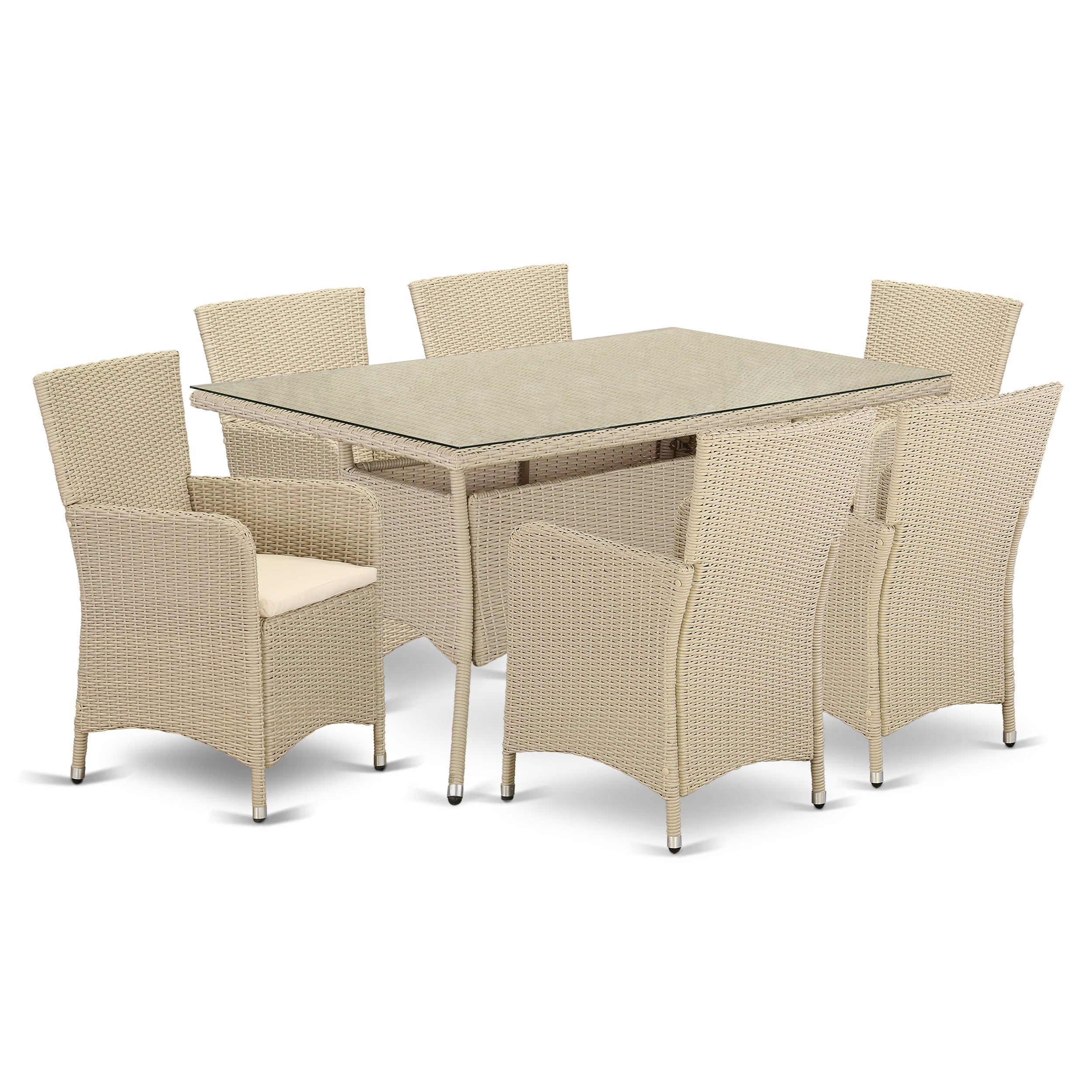 Los juegos de muebles de patio de mimbre para exterior East West Furniture VLLU7-53V de 7 piezas constan de una mesa de comedor de bistró rectangular con tapa de vidrio y 6 sillones de balcón con cojín.