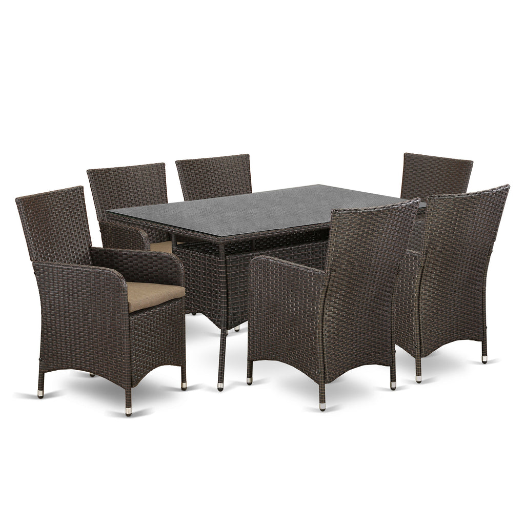 East West Furniture VLLU7-63S 7 Piece Outdoor Patio Conversation Sets Consist of a Rectangle Wicker Dining Table with Glass Top and 6 Backyard Armchair with Cushion