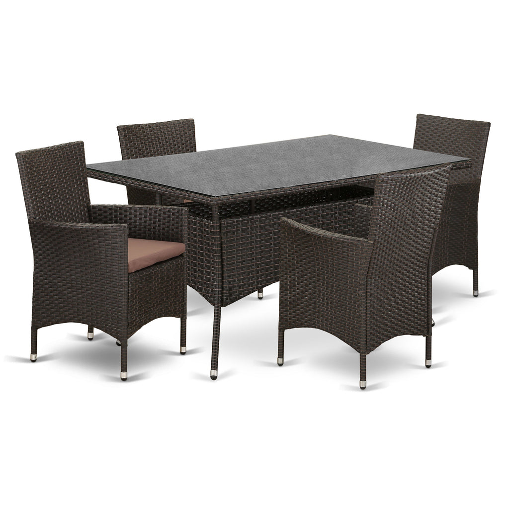 East West Furniture VLVL5-63S 5 Piece Outdoor Wicker Patio Furniture Sets Includes a Rectangle Bistro Dining Table with Glass Top and 4 Balcony Armchair with Cushion