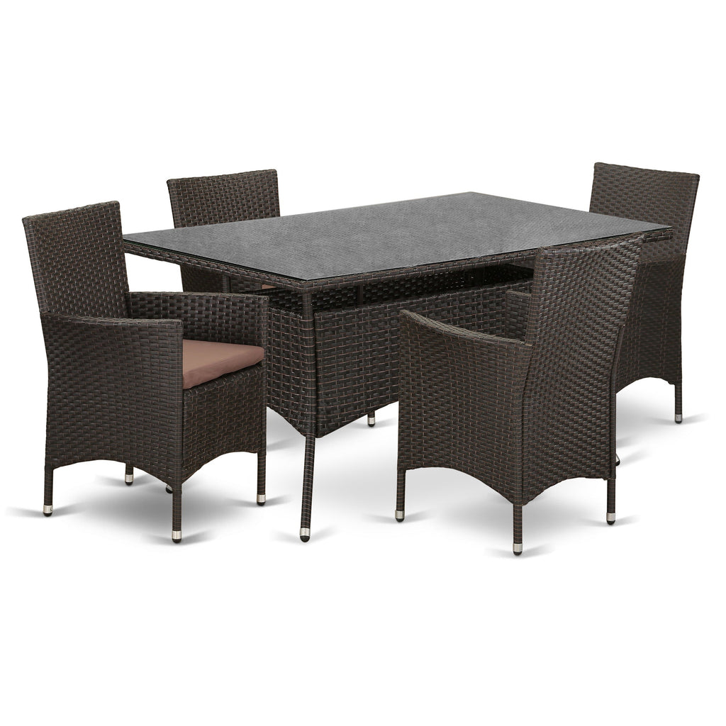 East West Furniture VLVL5-63S 5 Piece Outdoor Wicker Patio Furniture Sets Includes a Rectangle Bistro Dining Table with Glass Top and 4 Balcony Armchair with Cushion, 35x55 Inch, Dark Brown