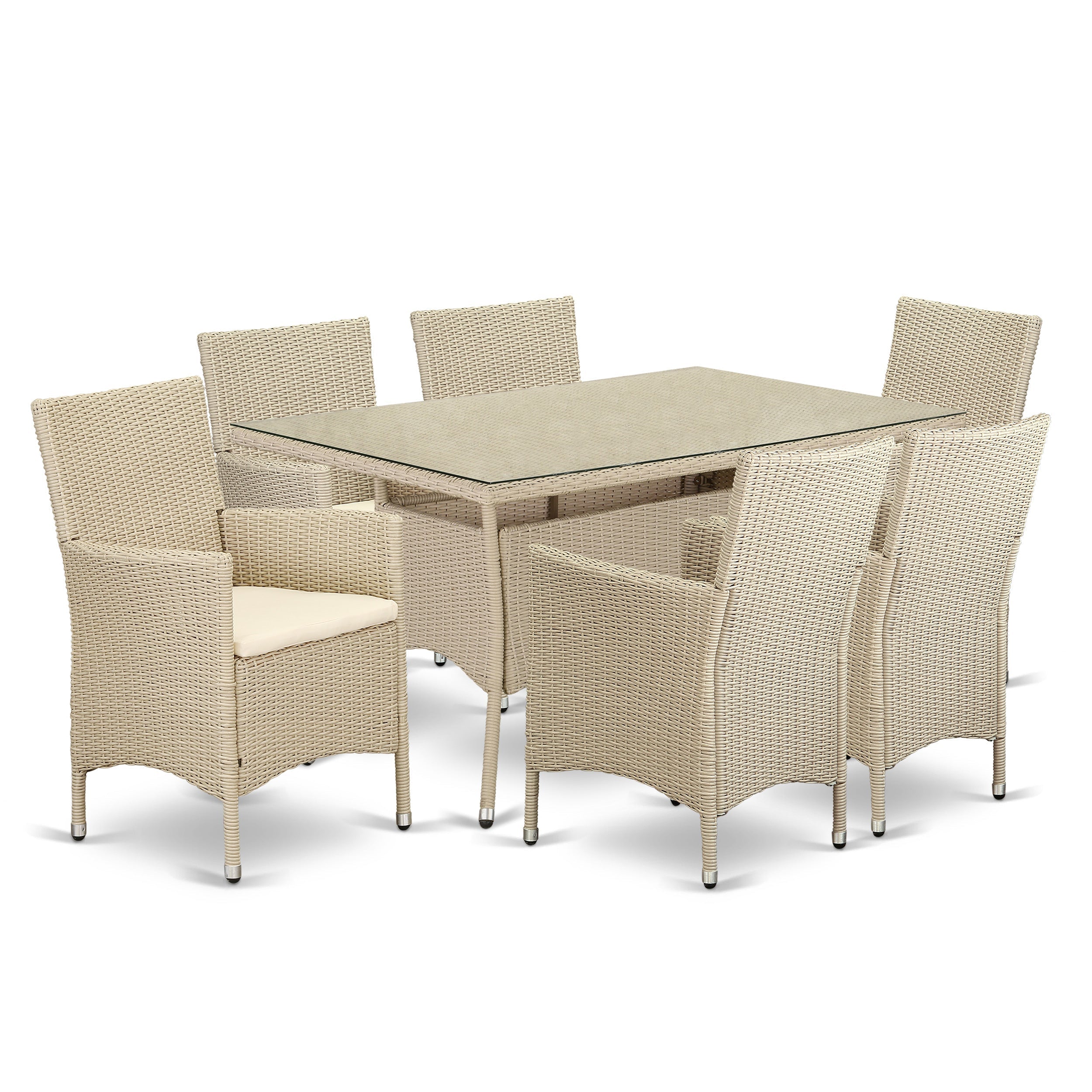 Los juegos de conversación para patio al aire libre East West Furniture VLVL7-53V de 7 piezas constan de una mesa de comedor rectangular de mimbre con tapa de vidrio y 6 sillones de jardín con cojín.