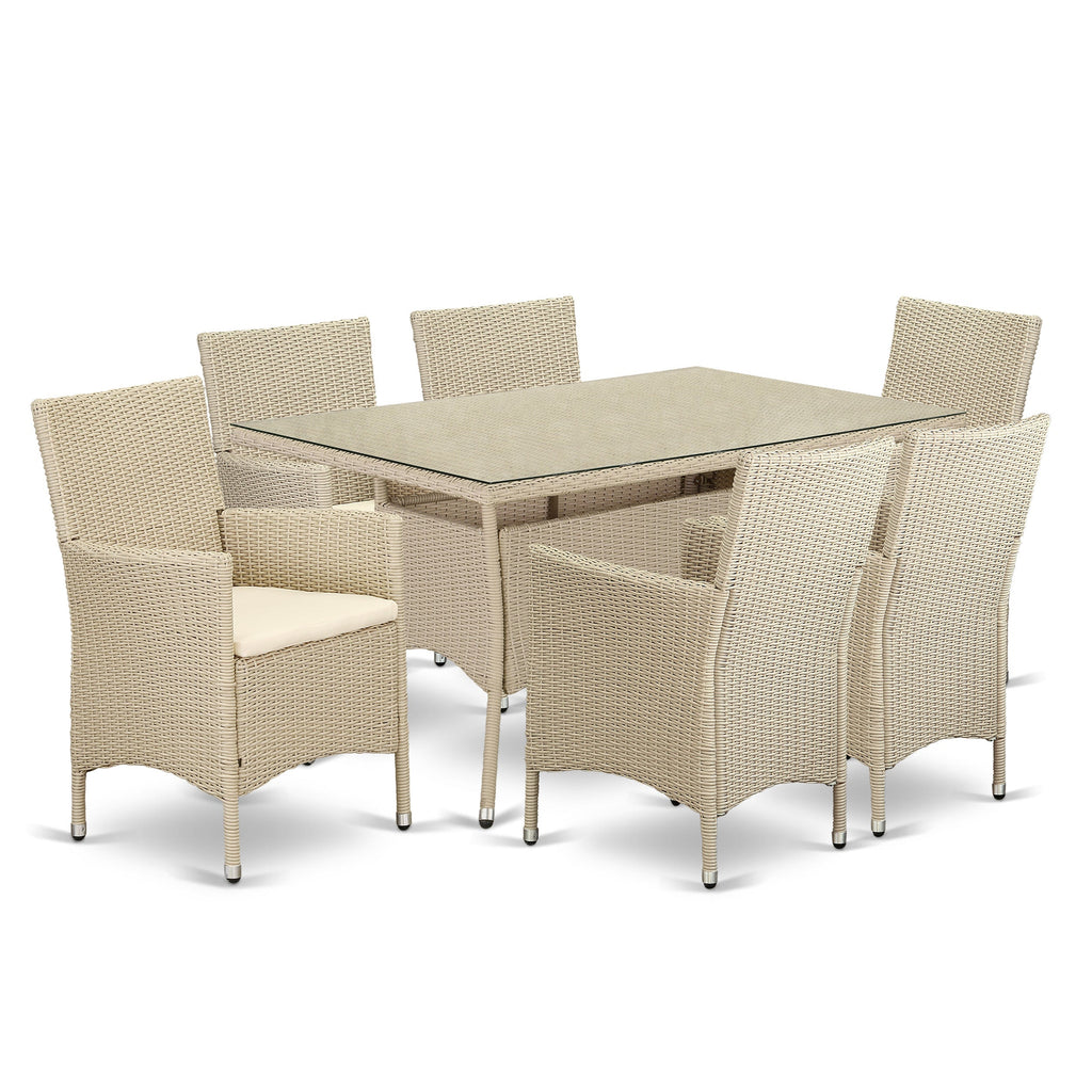 East West Furniture VLVL7-53V 7 Piece Outdoor Patio Conversation Sets Consist of a Rectangle Wicker Dining Table with Glass Top and 6 Backyard Armchair with Cushion, 35x55 Inch, Cream