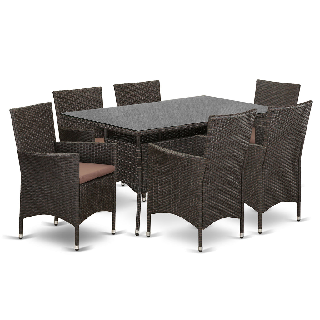 East West Furniture VLVL7-63S 7 Piece Wicker Patio Furniture Set Consist of a Rectangle Outdoor Table with Glass Top and 6 Balcony Backyard Armchair with Cushion