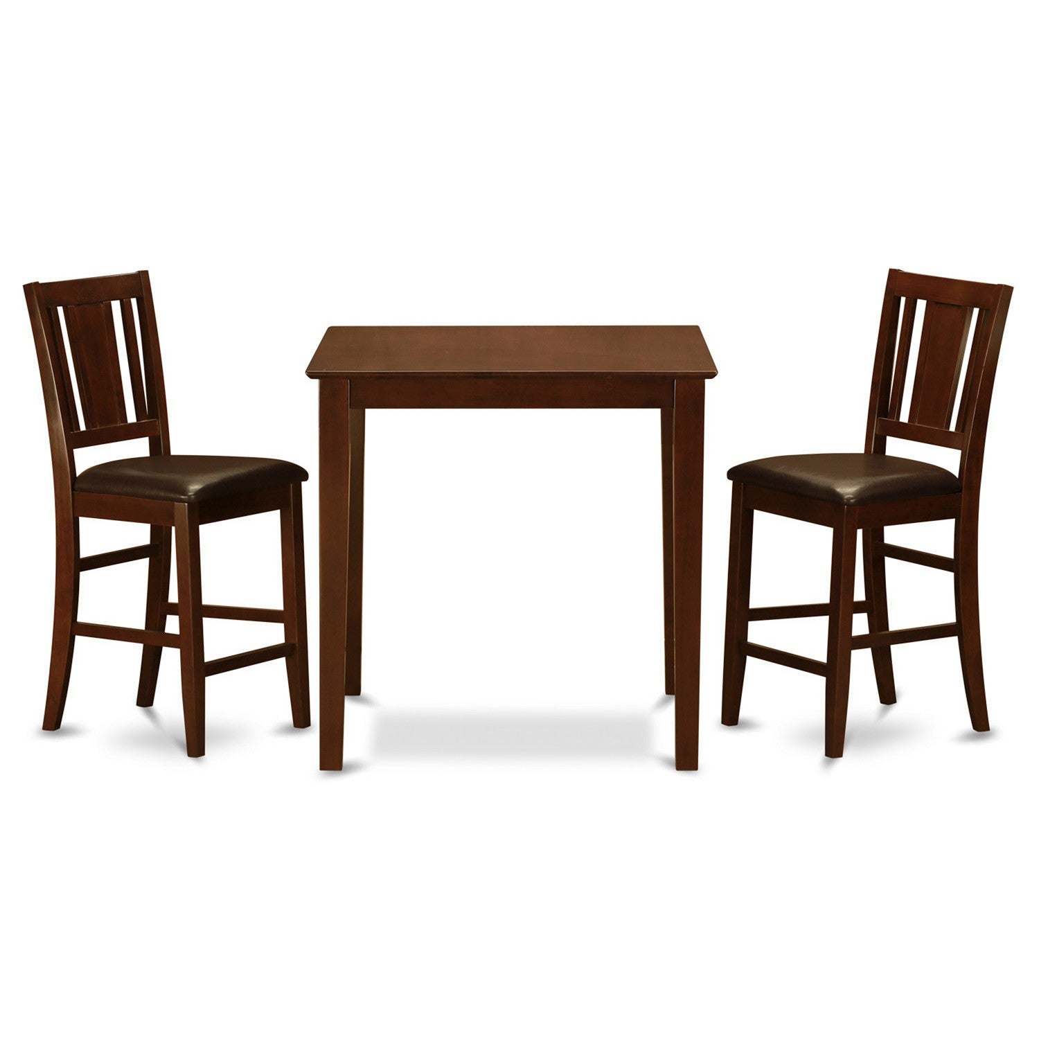 Juego de comedor de 3 piezas East West Furniture VNBU3-MAH-LC con altura de mostrador para espacios pequeños. Contiene una mesa cuadrada de madera y 2 sillas tapizadas en piel sintética.