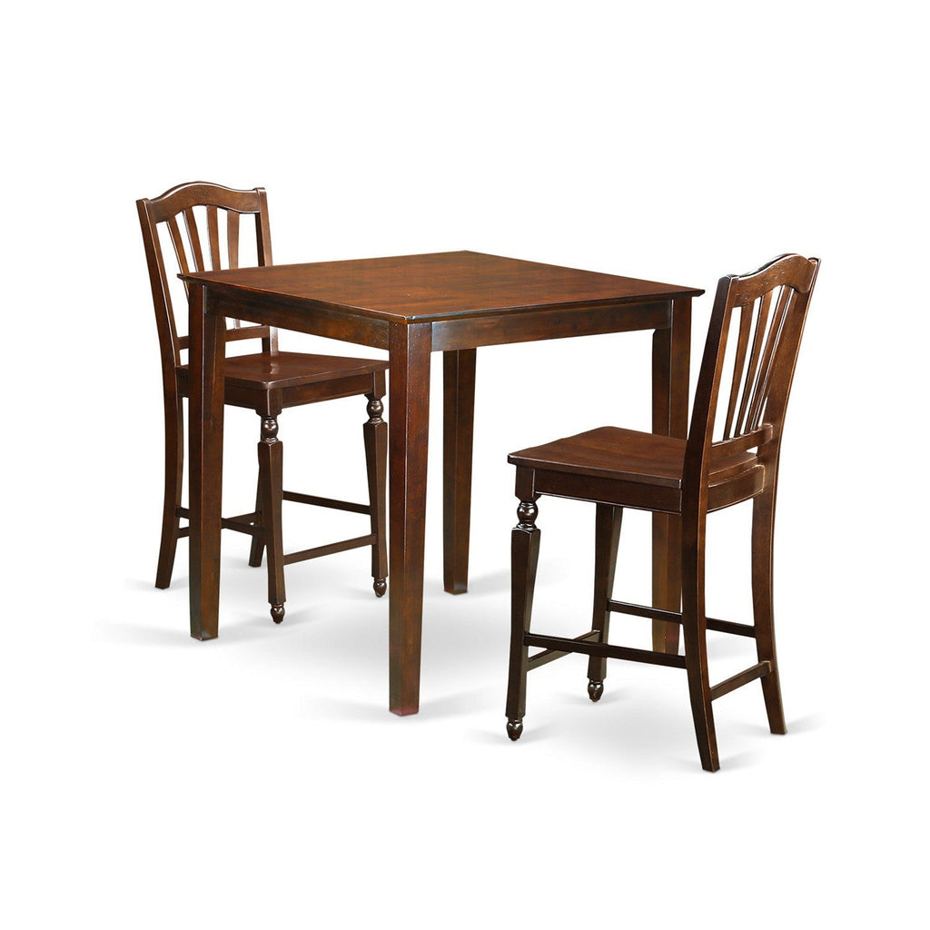 Juego de pub de 3 piezas East West Furniture VNCH3-MAH-W con altura de mostrador para espacios pequeños. Contiene una mesa de comedor cuadrada y 2 sillas de cocina.