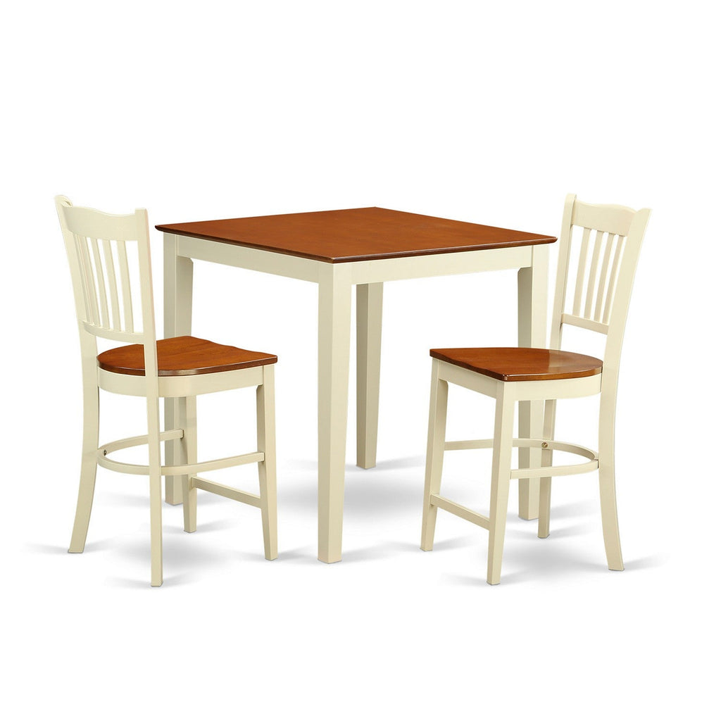 East West Furniture VNGR3-WHI-W 3 Piece Counter Height Dining Set for Small Spaces Contains a Square Kitchen Table and 2 Dining Room Chairs, 36x36 Inch, Buttermilk & Cherry