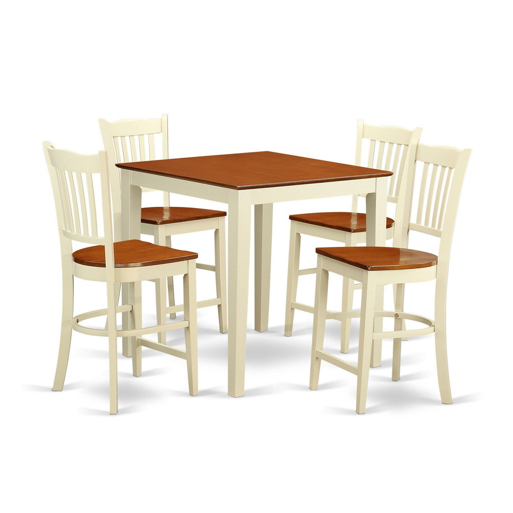 Juego de mesa de comedor de 5 piezas East West Furniture VNGR5-WHI-W con altura de mostrador. Incluye una mesa de cocina cuadrada y 4 sillas de comedor.