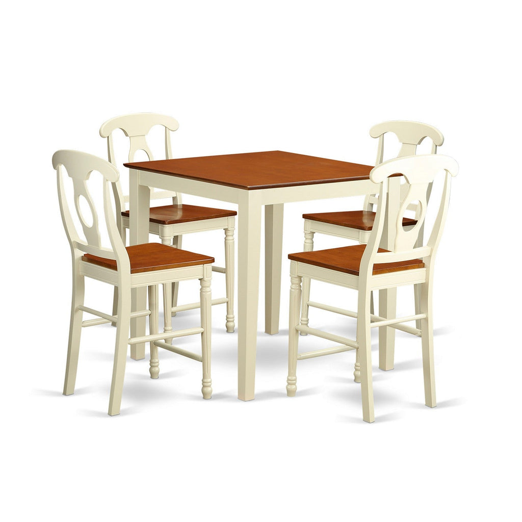 East West Furniture VNKE5-WHI-W 5 Piece Kitchen Counter Set Includes a Square Dining Table and 4 Dining Room Chairs, 36x36 Inch, Buttermilk & Cherry