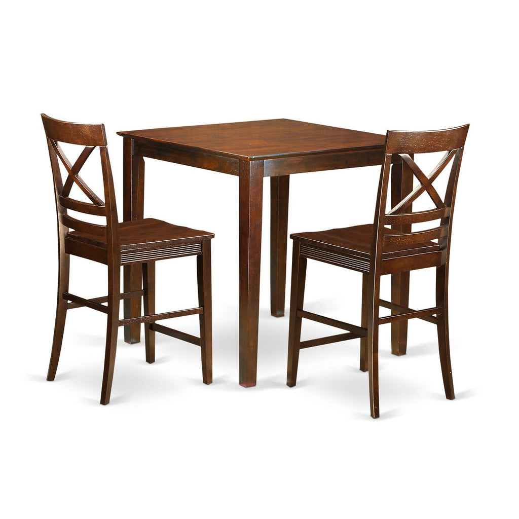 East West Furniture VNQU3-MAH-W 3 Piece Counter Height Pub Set for Small Spaces Contains a Square Dining Room Table and 2 Kitchen Chairs, 36x36 Inch, Mahogany