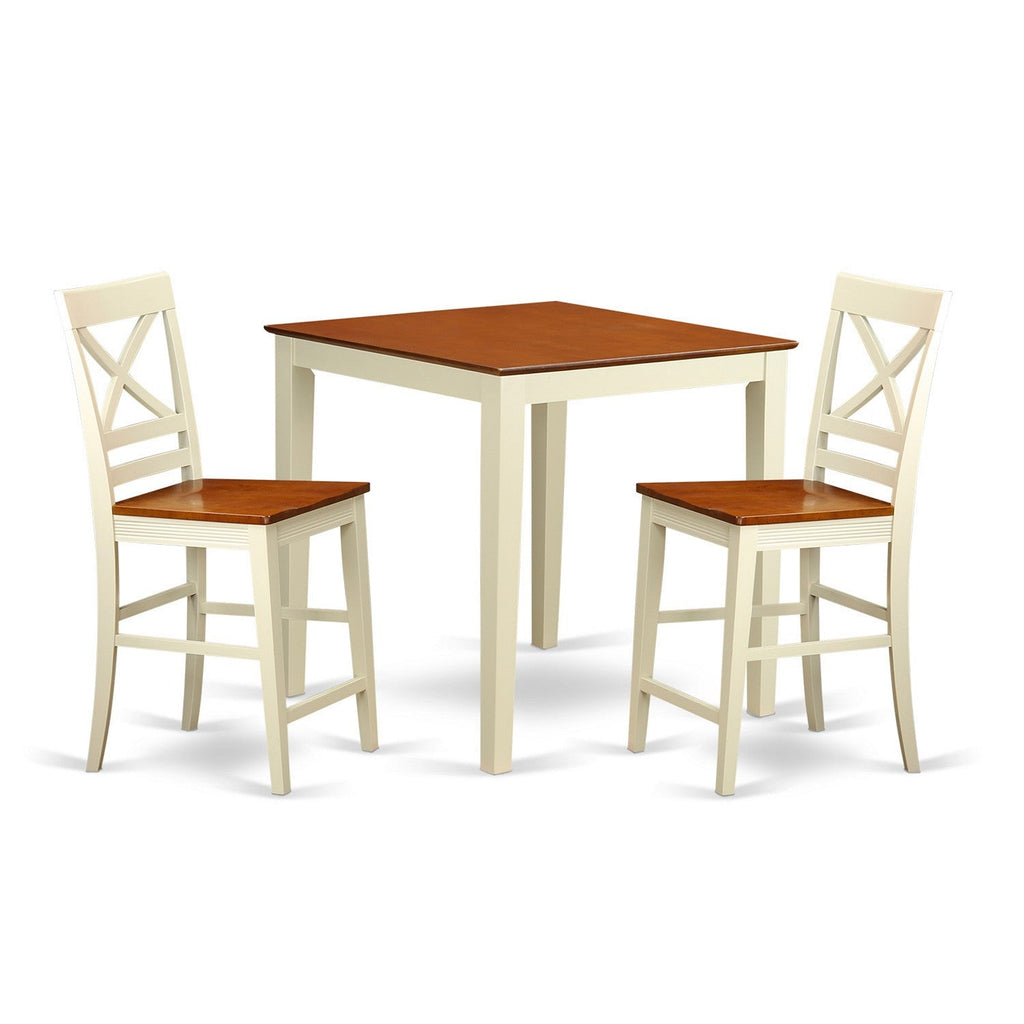 East West Furniture VNQU3-WHI-W 3 Piece Kitchen Counter Height Dining Table Set  Contains a Square Pub Table and 2 Dining Room Chairs, 36x36 Inch, Buttermilk & Cherry