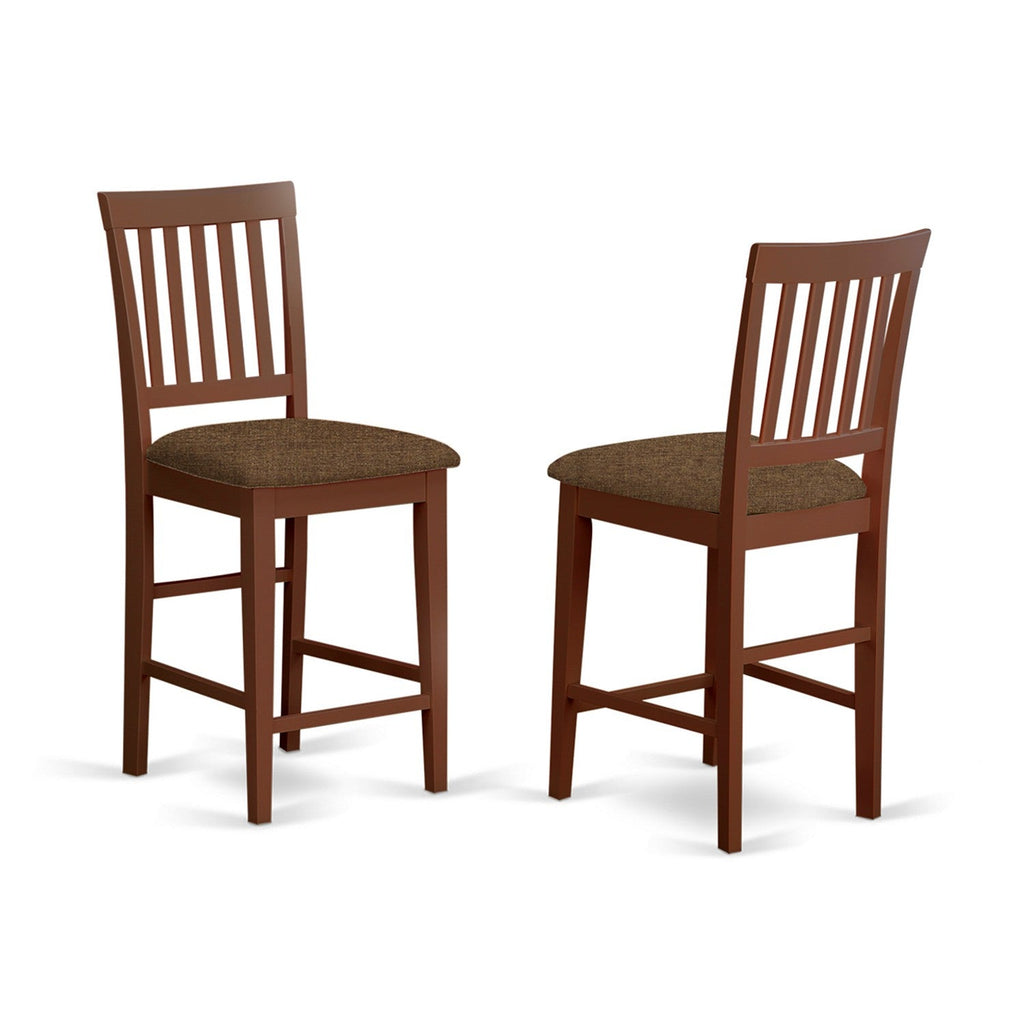 East West Furniture VERN3-MAH-C 3 Piece Counter Height Pub Set for Small Spaces Contains a Square Dining Room Table and 2 Linen Fabric Upholstered Chairs
