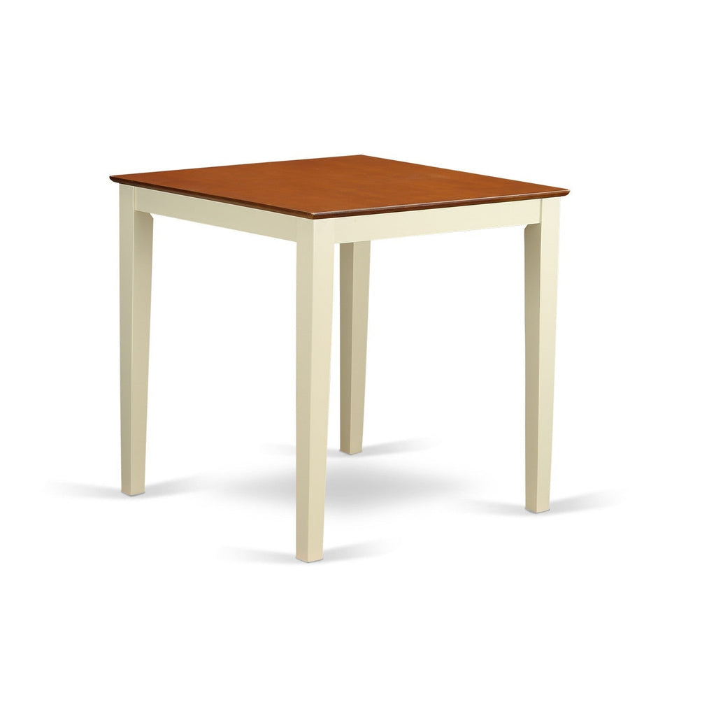 East West Furniture VERN3-WHI-C 3 Piece Counter Height Dining Set for Small Spaces Contains a Square Wooden Table and 2 Linen Fabric Upholstered Chairs
