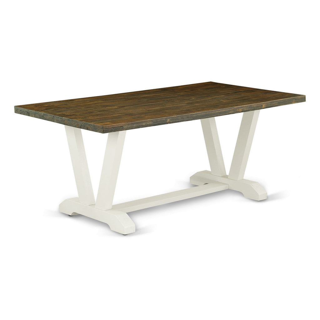 East West Furniture V077GA235-6 6 Piece Dining Room Table Set Contains a Rectangle Kitchen Table with V-Legs and 4 Doeskin Linen Fabric Parson Chairs with a Bench