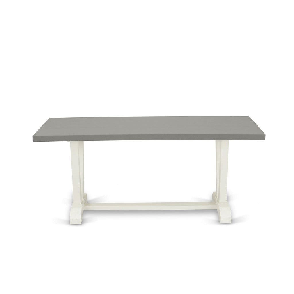 East West Furniture V097CE215-6 6 Piece Dining Set Contains a Rectangle Dining Room Table with V-Legs and 4 Baby Blue Linen Fabric Upholstered Chairs with a Bench