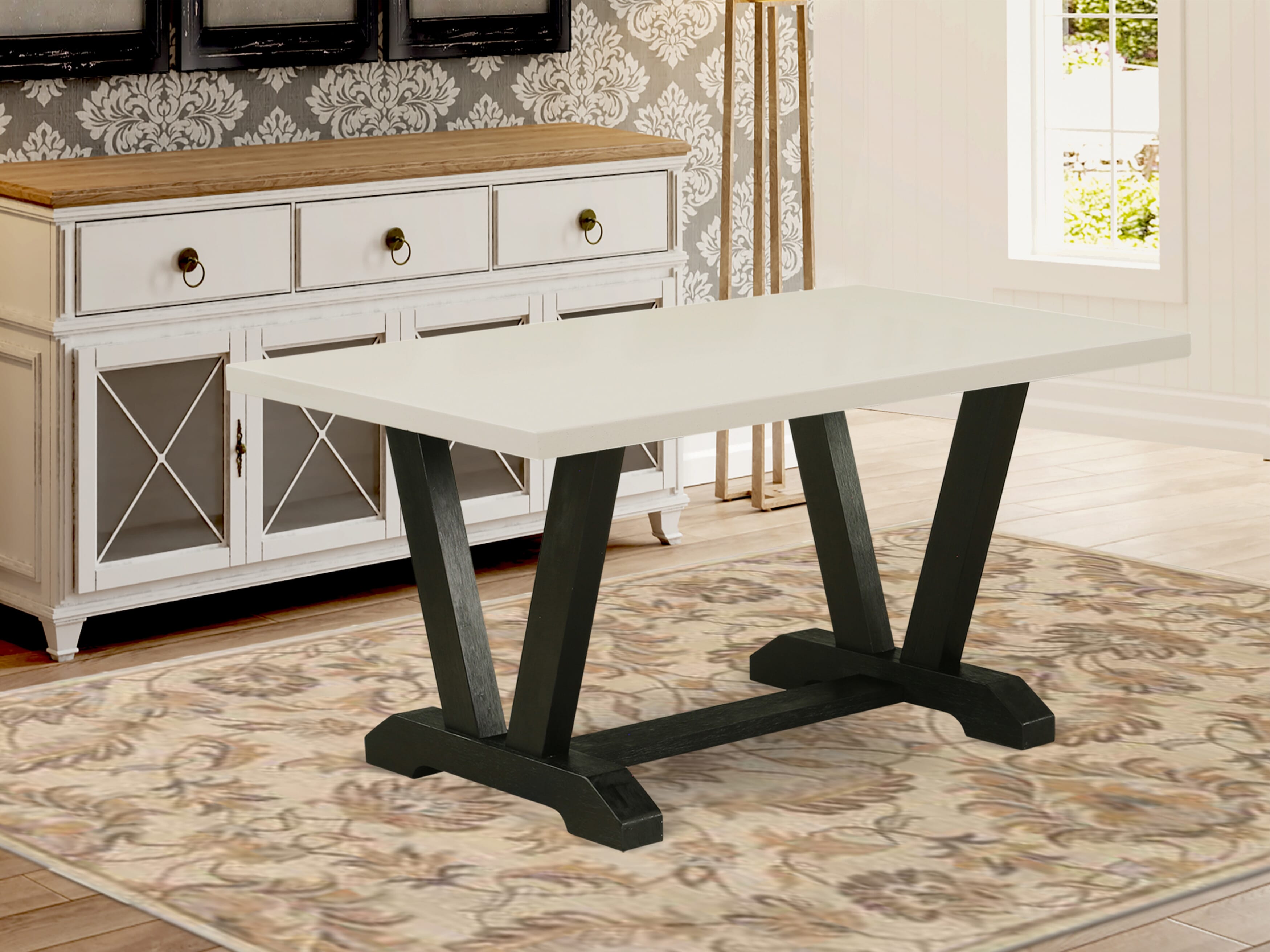 V-Style 36X60 in Dining Table with Wirebrushed Black Leg and Linen White Top finish