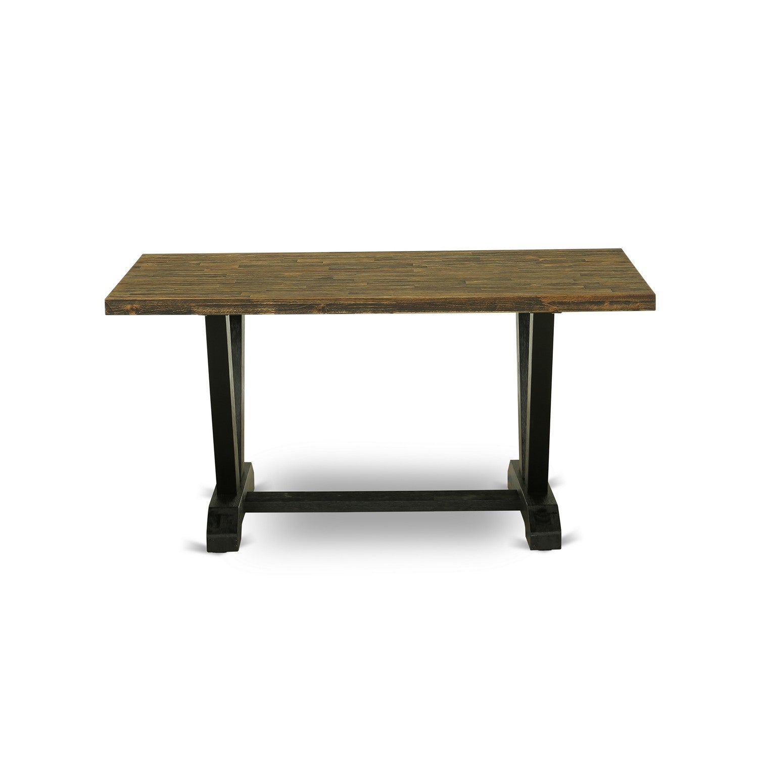 East West Furniture V676MZ650-6 6 Pc Dining Room Table Set - A Distressed Jacobean Top Wood Table with Mid Century Bench and 4 Dark Gotham Grey Linen Fabric Parson Chairs - Wire Brushed Black Finish