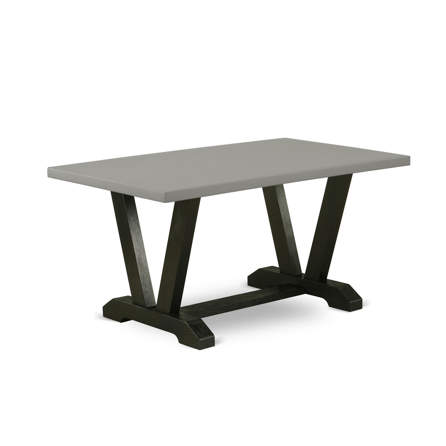 East West Furniture V696MZ606-7 7 Piece Kitchen Dining Table Set - A Cement Top Modern Dining Table with Trestle Base and 6 Shitake Linen Fabric Upholstered Dining Chairs - Wire Brushed Black Finish