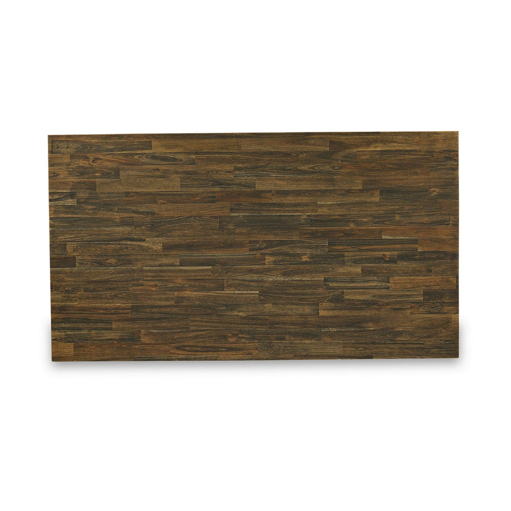 Juego de mesa de comedor de 6 piezas East West Furniture V777MZ716-6. Contiene una mesa de comedor rectangular con patas en V y 4 sillas Parson de tela de lino color caqui oscuro con un banco.