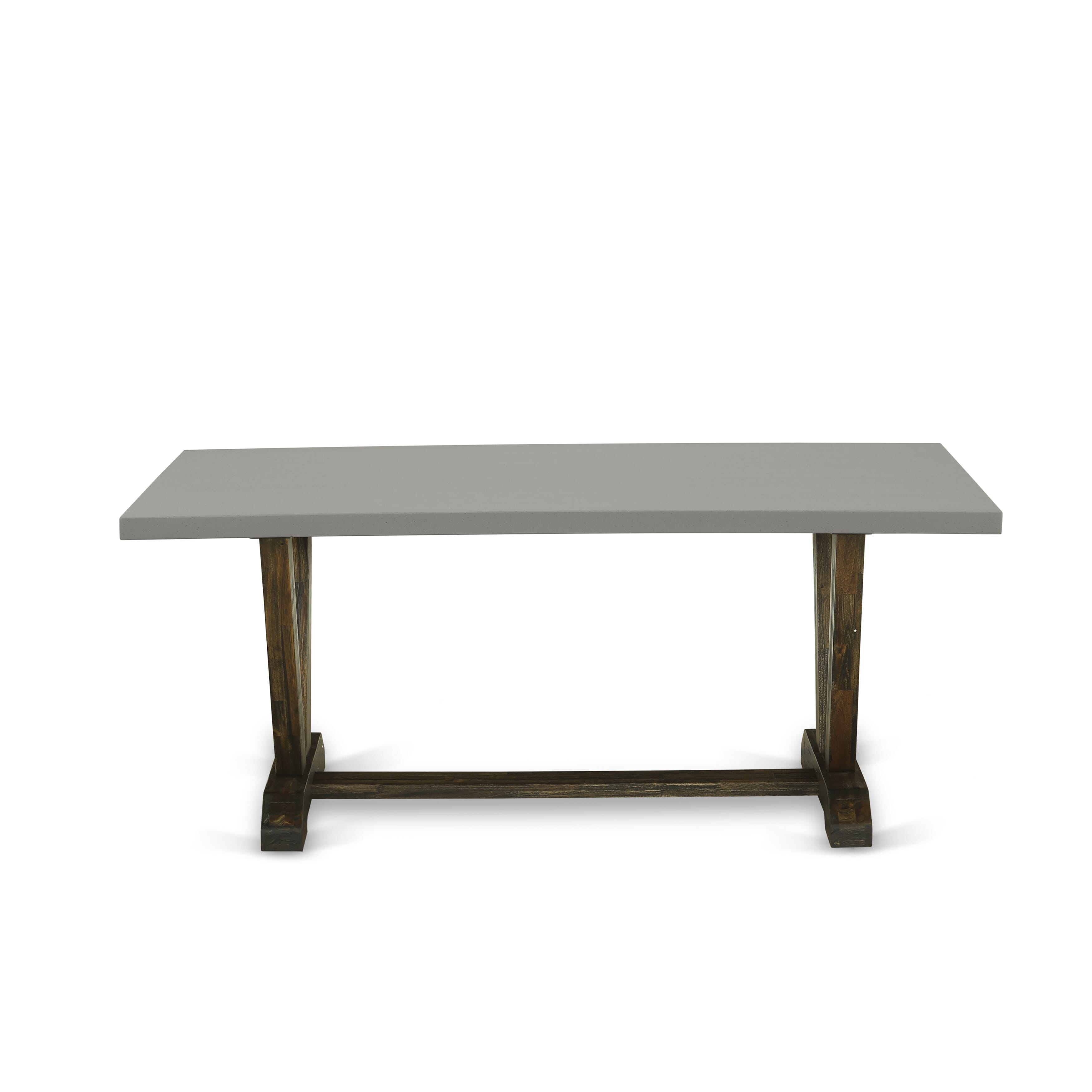 East West Furniture V797MZN32-7 7-Piece Mid Century Modern Dining Set Includes a Rectangular Table and 6 Light Beige Linen Fabric Dining Chairs with Stylish Back - Distressed Jacobean Finish