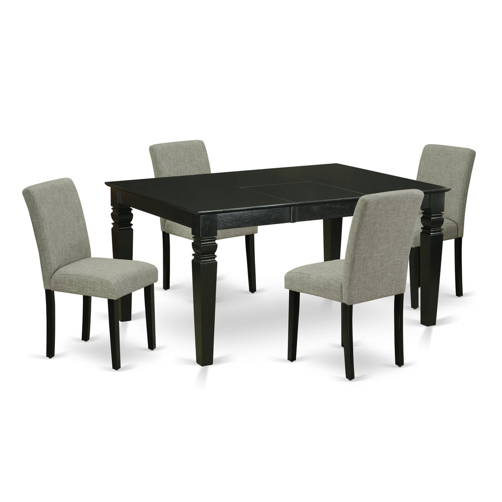 Juego de comedor de 5 piezas East West Furniture WEAB5-BLK-06. Incluye una mesa de comedor rectangular con diseño de hojas de mariposa y 4 sillas Parson tapizadas en tela de lino Shitake.