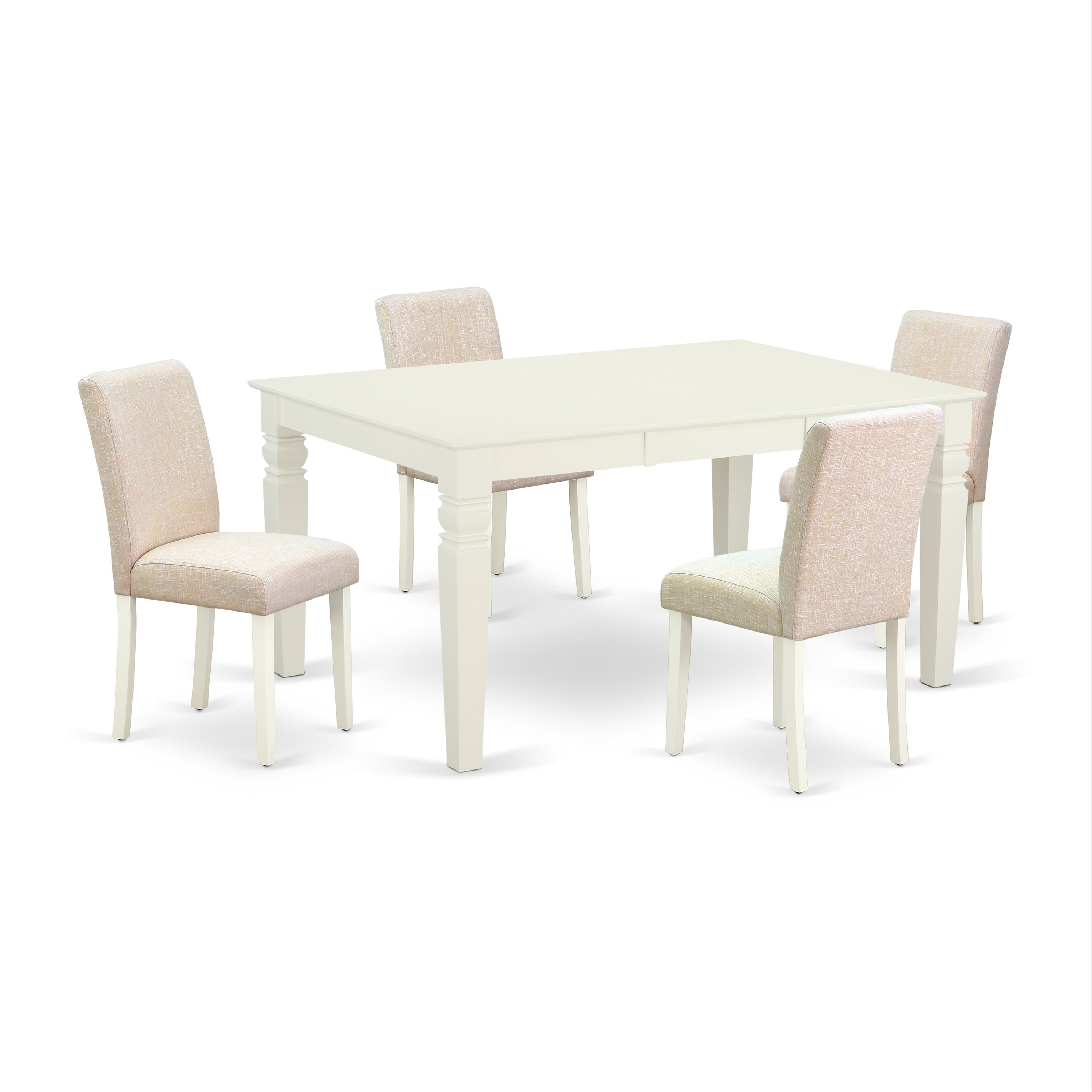 WEAB5-LWH-02 5Pc Rectangle 42/60 Inch Kitchen Table With 18 In Self Storing Butterfly Leaf And Four Parson Chair With Linen White Leg And Linen Fabric Light Beige