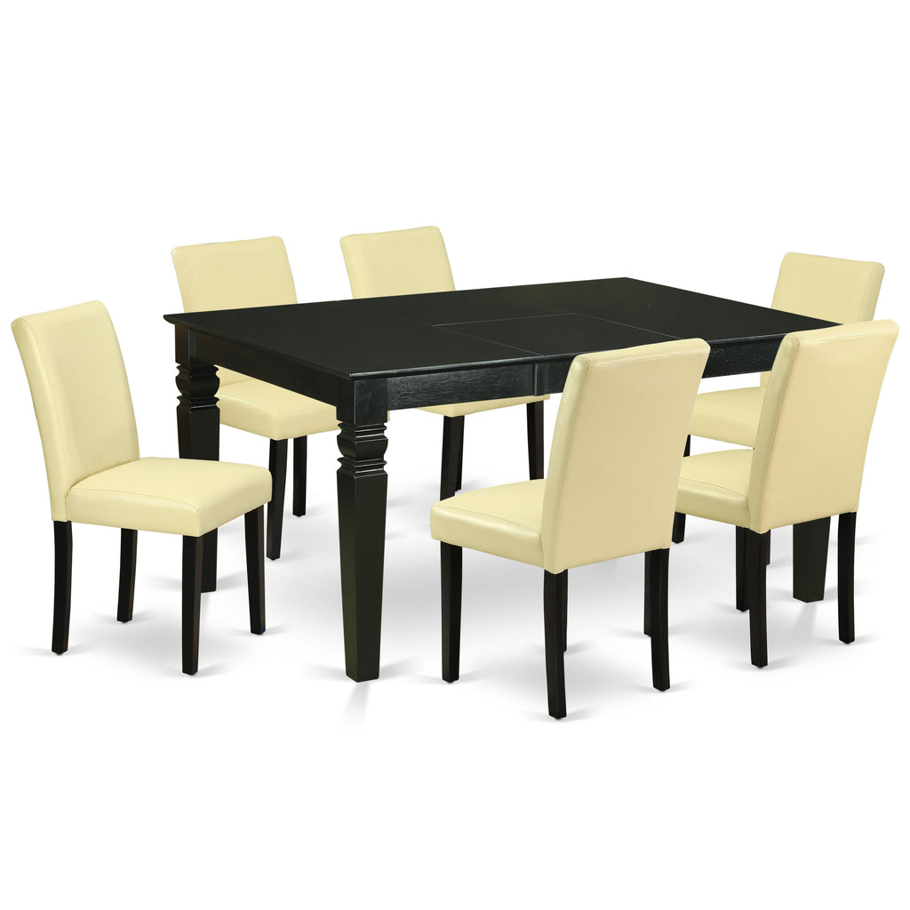 Juego de comedor de 7 piezas East West Furniture WEAB7-BLK-73 compuesto por una mesa rectangular con diseño de hojas de mariposa y 6 sillas tapizadas en piel sintética color ponche de huevo.