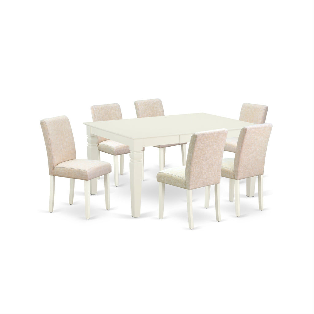 East West Furniture WEAB7-LWH-02 7 Piece Dining Set Consist of a Rectangle Dining Room Table with Butterfly Leaf and 6 Light Beige Linen Fabric Upholstered Chairs