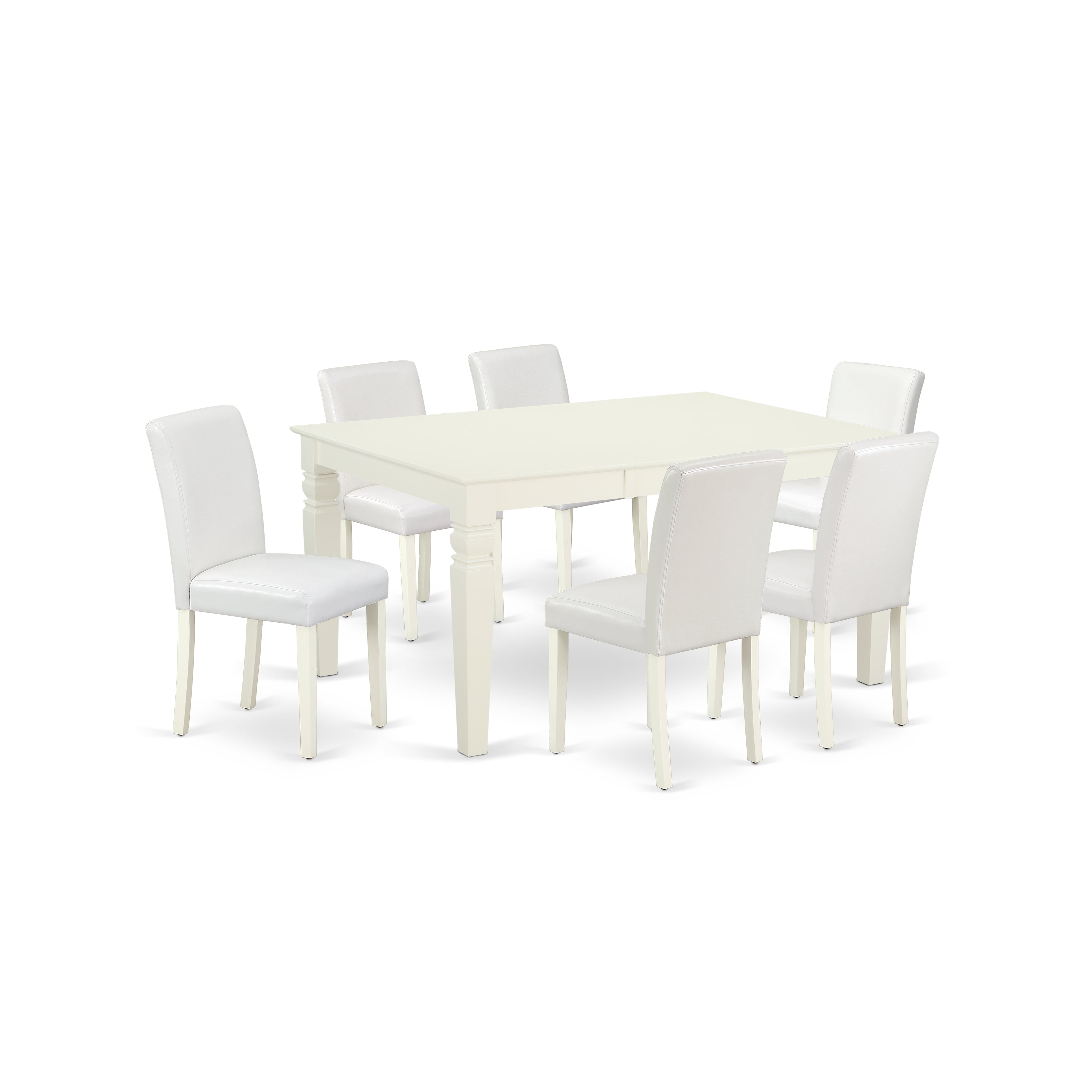 Juego de comedor de 7 piezas East West Furniture WEAB7-LWH-64 compuesto por una mesa de comedor rectangular con diseño de hojas de mariposa y 6 sillas de comedor Parson de cuero sintético blanco.