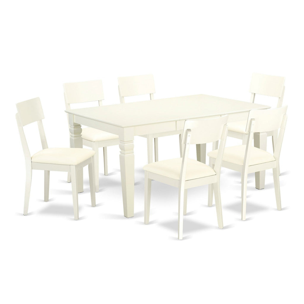 Juego de comedor de 7 piezas East West Furniture WEAD7-LWH-LC compuesto por una mesa rectangular con diseño de hojas de mariposa y 6 sillas tapizadas en piel sintética.