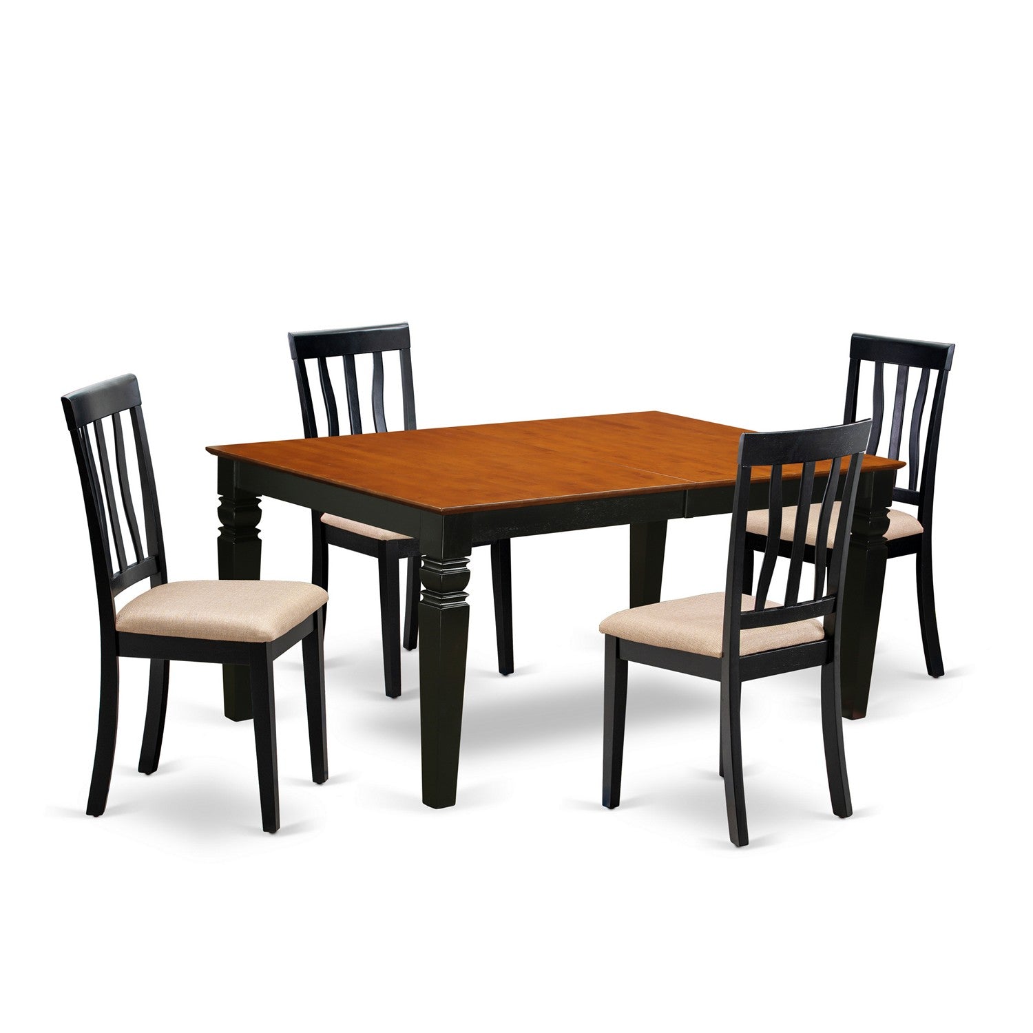 Juego de mesa de cocina de 5 piezas East West Furniture WEAN5-BCH-C para 4 personas. Incluye una mesa de comedor rectangular con diseño de hojas de mariposa y 4 sillas de comedor de tela de lino.