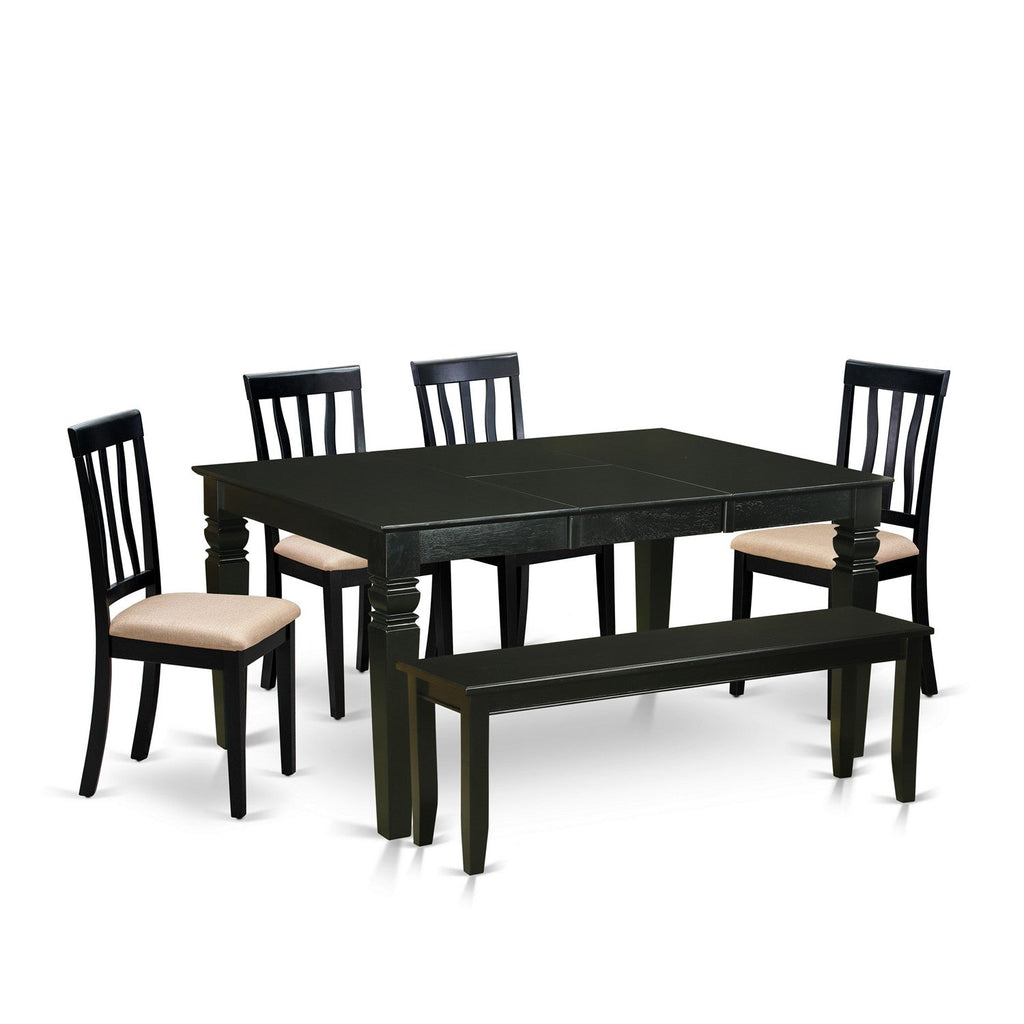 Juego de comedor de 6 piezas East West Furniture WEAN6D-BLK-C. Contiene una mesa de comedor rectangular con hojas de mariposa y 4 sillas tapizadas en tela de lino con un banco.