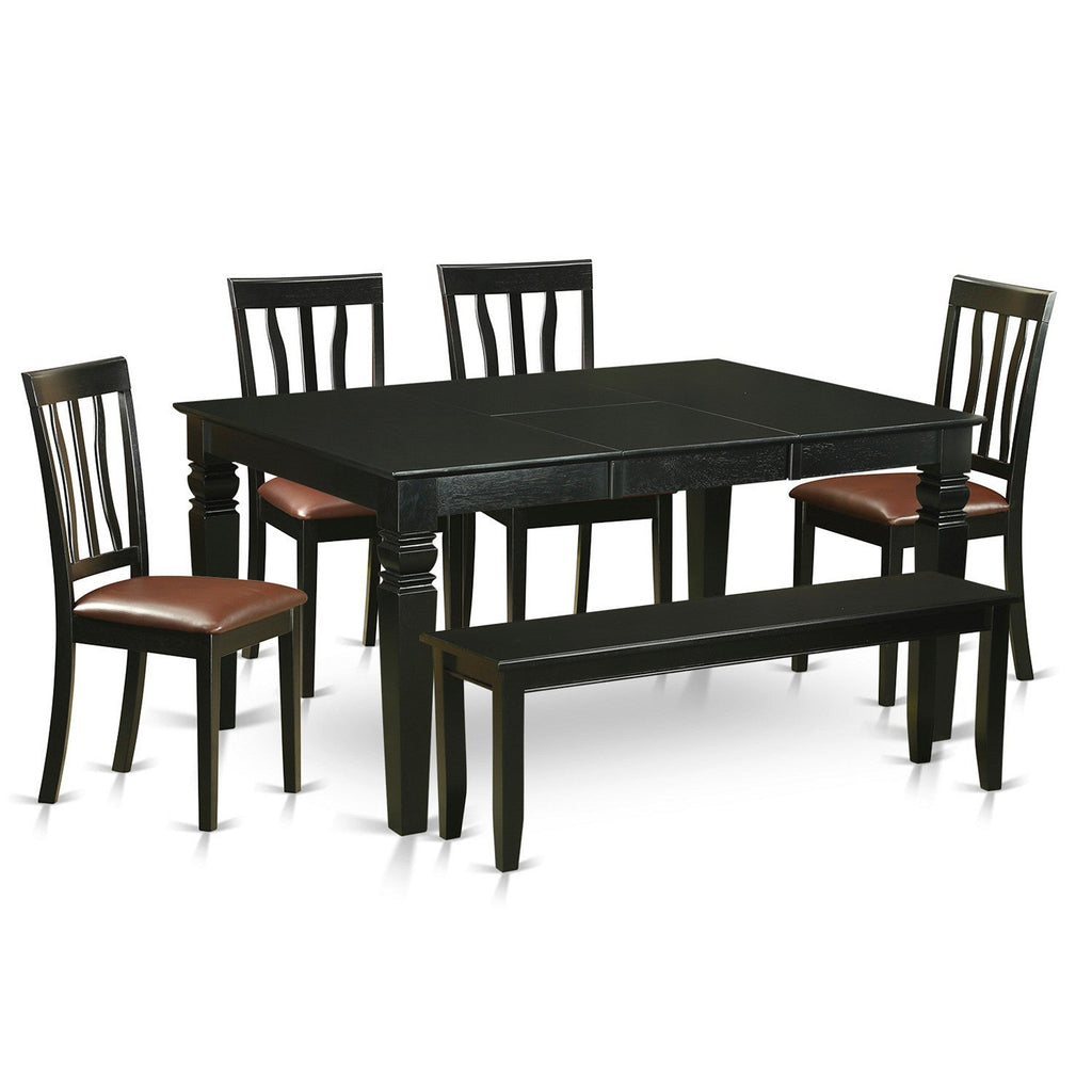 Juego de mesa de comedor moderna de 6 piezas East West Furniture WEAN6D-BLK-LC. Contiene una mesa rectangular de madera con hojas de mariposa y 4 sillas de comedor de piel sintética con un banco.