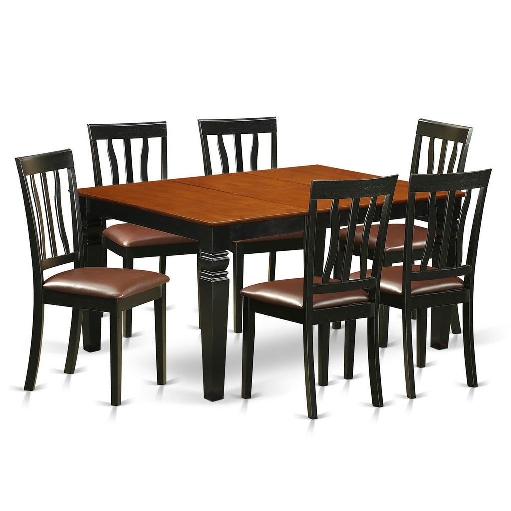 Juego de comedor East West Furniture WEAN7-BCH-LC de 7 piezas compuesto por una mesa de cocina rectangular con diseño de hojas de mariposa y 6 sillas tapizadas en piel sintética.
