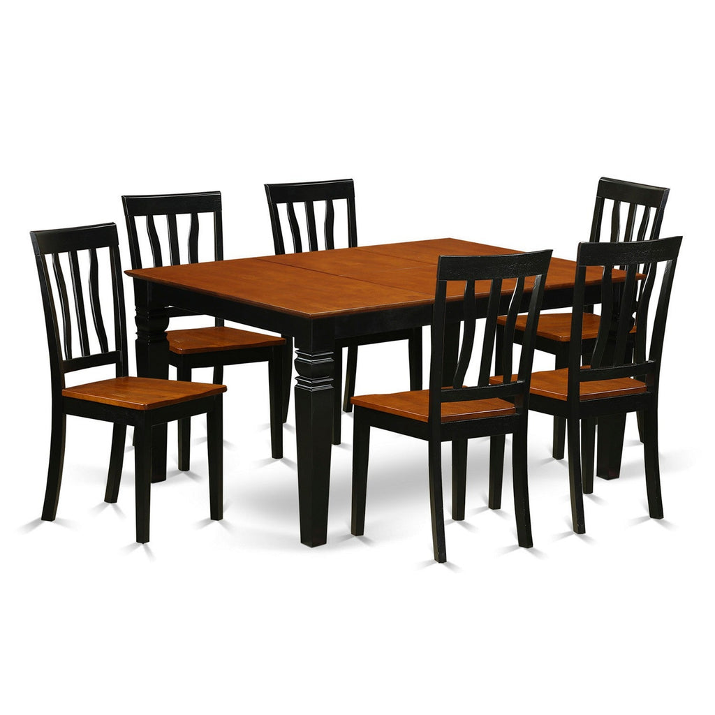 Juego de mesa de cocina de 7 piezas East West Furniture WEAN7-BCH-W compuesto por una mesa de comedor rectangular con hojas de mariposa y 6 sillas de comedor.