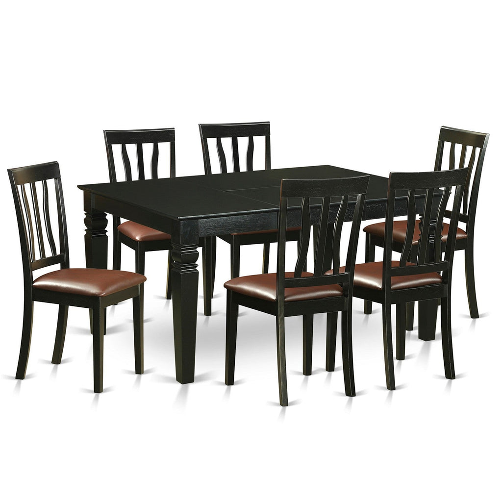 Juego de comedor East West Furniture WEAN7-BLK-LC de 7 piezas compuesto por una mesa de comedor rectangular con hojas de mariposa y 6 sillas de cocina tapizadas en piel sintética.