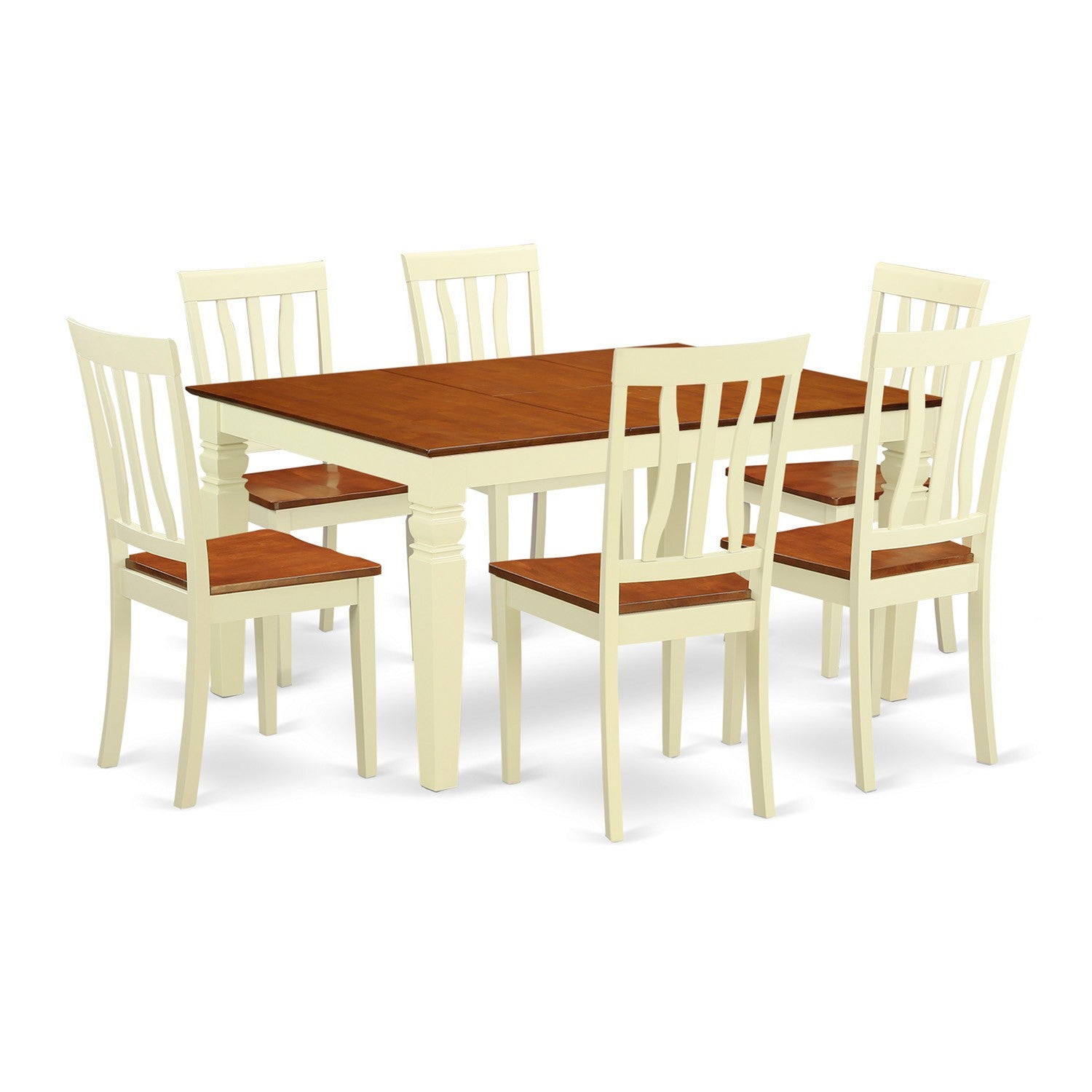 Juego de mesa de comedor de 7 piezas East West Furniture WEAN7-BMK-W compuesto por una mesa de comedor rectangular con hojas de mariposa y 6 sillas con asiento de madera.